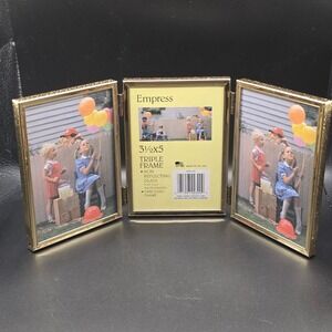 Empress Gold Triple Folding Picture Frame 3.5x5 Non Reflecting Glass Embossed